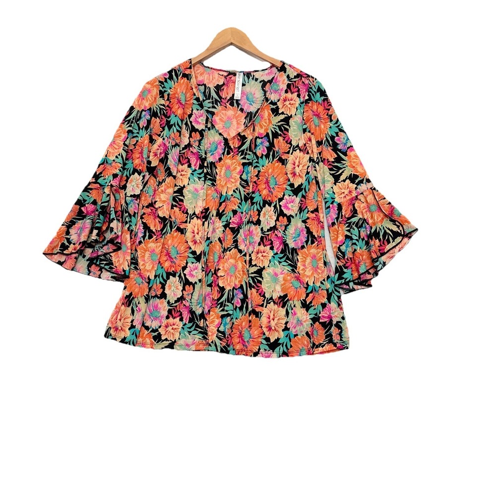 Dear Scarlett Top Large Pop Art Floral Black Tie Neck‎ Stretchy Flowy Flare Slv